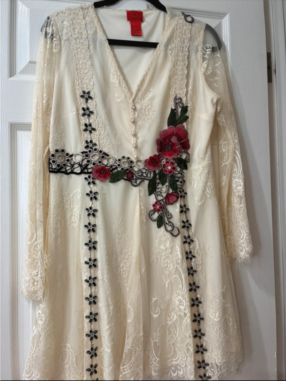 Christina Cream Lace Long-Sleeve Dress with Red Rose Embroidery